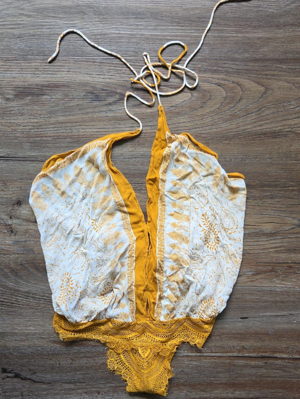 Free Peiple Mustard Yellow & White Halter Lace Bodysuit Size Xs